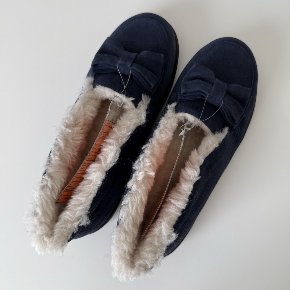 Vionic Lucile Suede Slippers Womens 7 Blue White Shearling Cozy Comfy Winter Bow - Picture 7 of 7